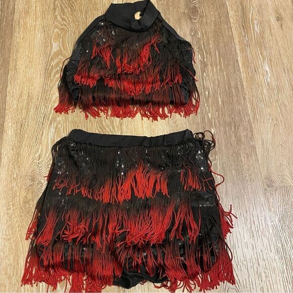 Costume Gallery dance 2 piece red sequin fringe tip skirt 20653 child SC - Picture 2 of 10